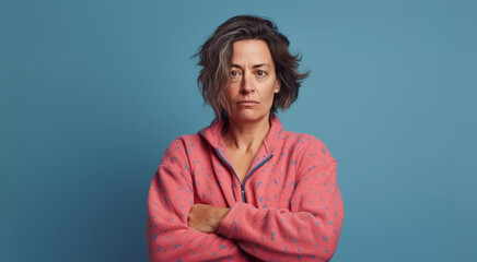 Studio portrait of emotional and exhausted middle aged woman in pink pajamas, close up with blue background, Generative AI