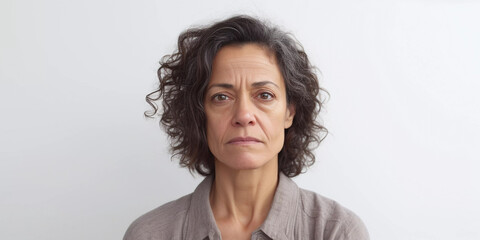 Studio portrait of exhausted middle aged woman, close up headshot with white background, Generative AI