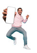 © opolja - Mobile App Advertisement. Handsome Excited Man Showing Pointing At Empty Smartphone Screen Posing Over Transparent Background, Smiling To Camera. Check This Out, Cellphone Display Mock Up