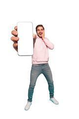 Wall Mural - mobile app advertisement. handsome excited man showing pointing at empty smartphone screen posing ov