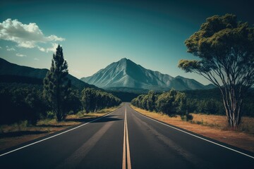 Poster - On a beautiful day, an empty asphalt road with natural mountain views. Generative AI