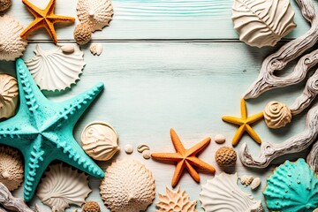 Wall Mural - The concept of summer Stunning starfish and seashells are shown in a flat lay composition in the top perspective on a cheerful table. Generative AI