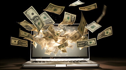notebook exploding money, dollar coming out of computer screen, generative ai