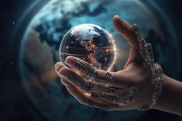 Wall Mural - robot hand holds planet on abstract background. global world in hand of artificial intelligence. tec