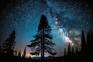 Wall Mural - In the foreground, the Milky Way rises over the pine trees. Generative AI