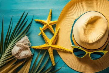 Wall Mural - Tropical backdrop in the summer. On a backdrop of yellow and blue are palm tree branches and a summer hat with starfish and seashells. summertime idea.Travel. the space bar. Generative AI