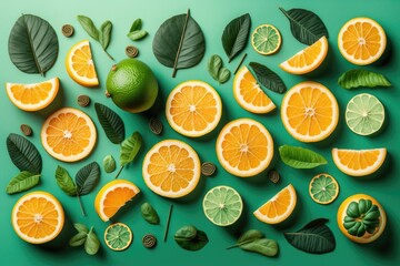 Sticker - On a green background, fresh orange slices are arranged in a vibrant arrangement. Starting at the top,. Generative AI