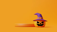 Jack-o-Lantern Pumpkins Wearing Witch Hat And Podium For Product Display On Orange Background. Happy Halloween Concept. Traditional October Holiday. 3d Rendering Illustration