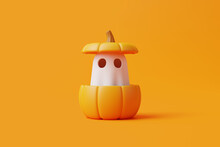 Simple Halloween Cartoon Ghost Peeks Out Of A Jack-o-lantern Pumpkin On Orange Background. Happy Halloween Concept. Traditional October Holiday. 3d Rendering Illustration