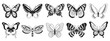 Butterfly fourth set of black and white wings in the style of wavy lines and organic shapes. Y2k aesthetic, tattoo silhouette, hand drawn stickers. Vector graphic in trendy retro 2000s style.