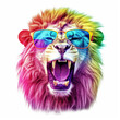 Cartoon colorful lion with sunglasses on white background. Created with generative AI