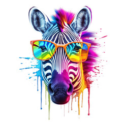 Wall Mural - Cartoon colorful zebra with sunglasses on white background. Created with generative AI