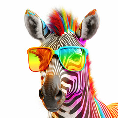 Wall Mural - cartoon colorful zebra with sunglasses on white background. created with generative ai