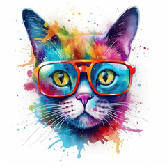 Naklejka na meble Cartoon colorful cat with sunglasses on white background. Created with generative AI