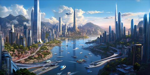 Wall Mural - futuristic high-tech city with advanced infrastructure, science fiction cityscape, fictional landsca