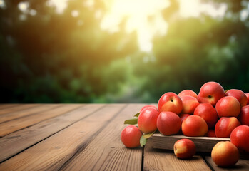 Wall Mural - Wooden table with red apples fruits and free space on nature blurred background. Generated AI.