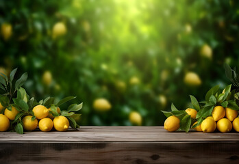 Wall Mural - Wooden table with lemon fruits and free space on nature blurred background. Generated AI.