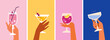 Modern flat summer party poster and social media story design templates. Colorful backgrounds with hands holding cocktail glasses. Celebration poster concept and web banner.