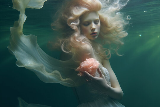 Beautiful mermaid under water. AI generated image.