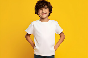 male child, boy wearing bella canvas white shirt mockup, at yellow background. design tshirt templat