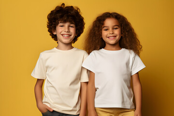 Wall Mural - Male and female child, boy and girl, siblings wearing bella canvas white shirt mockup, at yellow background. Design tshirt template, print presentation mock-up. AI generated.