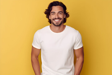 Wall Mural - Young man wearing bella canvas white shirt mockup, at yellow background. Design tshirt template, print presentation mock-up. AI generated.