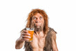 Ancient man drinking beer on a white background, copyspace, Neanderthal man taking a selfie. Generative AI