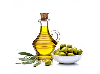 Bottle of olive oil with olives on white background.