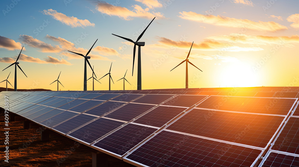 Solar farm with panels and wind turbines against a beautiful sunset sky ...