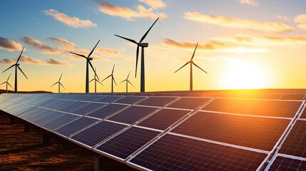 solar farm with panels and wind turbines against a beautiful sunset sky background. the concept of e