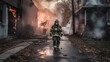 © AI Studio - R - Firefighter walking on a driveway next to a burning building. Generative AI