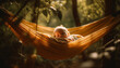 Cute Caucasian baby napping in comfortable hammock outdoors with family generated by AI