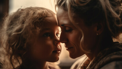 Wall Mural - Mother and daughter embrace in nature, radiating love and happiness generated by AI