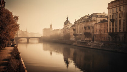 Wall Mural - Cityscape illuminated at dusk, famous landmarks reflect in water below generated by AI