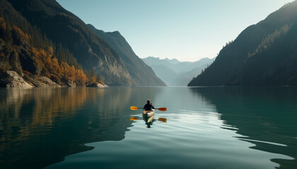 Poster - Solitude in nature kayaking, hiking, and relaxation in Alberta mountains generated by AI