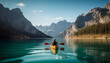 © djvstock - Kayaking adventure in Alberta tranquil Moraine Lake, surrounded by beauty generated by AI