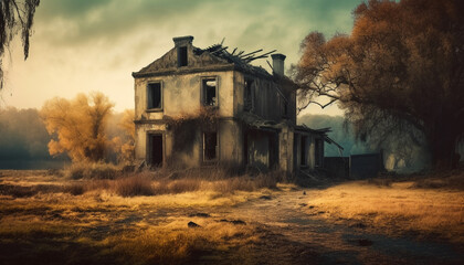 Poster - Spooky old ruin, abandoned and run down, a horror mystery generated by AI