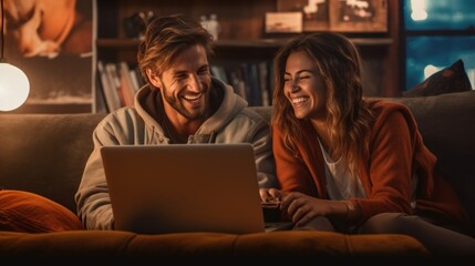 Sticker - A man and a woman sitting on a couch looking at a laptop. Generative AI image.