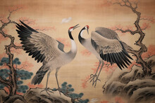 Drawing Wallpaper Of A Landscape Of Birds Crane In The Middle Of The Forest In Japanese Vintage Style - Generative AI