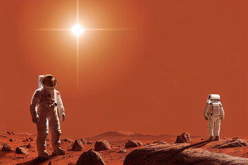 Sticker - Ravishing digital illustration of Mars landscape feature with red surface and mountain with astronaut. Space exploration and martian on red planet concept by generative AI.