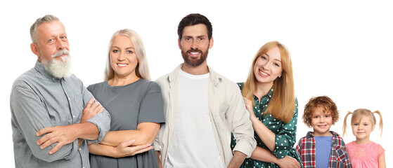 Poster - People of different ages on white background. Three generations of family