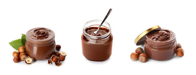 Poster - Yummy chocolate paste in jars and hazelnuts on white background, collage design