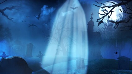 Wall Mural - Ghost Filled Graveyard at Midnight with Full Moon 4K features an old cemetery with a full moon, bats flying, and fog with ghosts flying on and off screen.