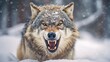 Snow mountain wolf growling