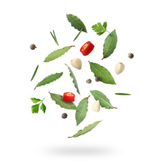 Poster - Bay leaves, rosemary, parsley, garlic cloves, black and fresh red hot peppers falling on white background