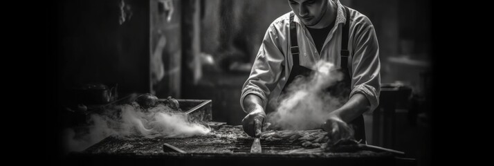 Sticker - A man cooking food on a grill in a kitchen. Generative AI image.