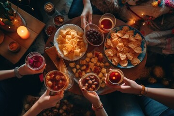 Wall Mural - A group of people sitting around a table with plates of food. Generative AI image.