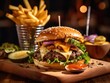 © starush - A cheeseburger and french fries on a cutting board. Generative AI image.