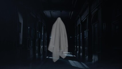 Wall Mural - Ghost Floating Toward Camera in Old Mansion Hallway 4K Loop features a ghost appearing and floating down a dark hallway toward the viewer in a loop.