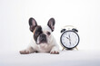 a dog with an alarm clock, white background